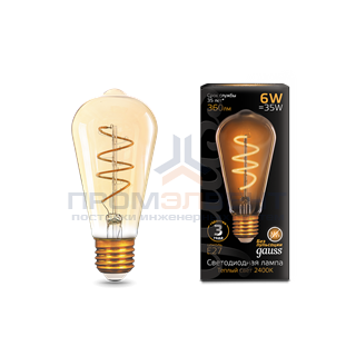 Лампа Gauss Filament ST64 6W 550lm 2400К E27 golden LED 1/10/40
