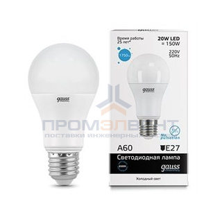 Лампа Gauss Elementary A60 20W 1750lm 6500K E27 LED 1/10/50